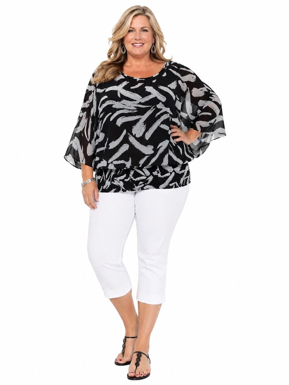 Jessica London Size 18 Black & White Blouson Kimono Sleeve Sheer Overlay